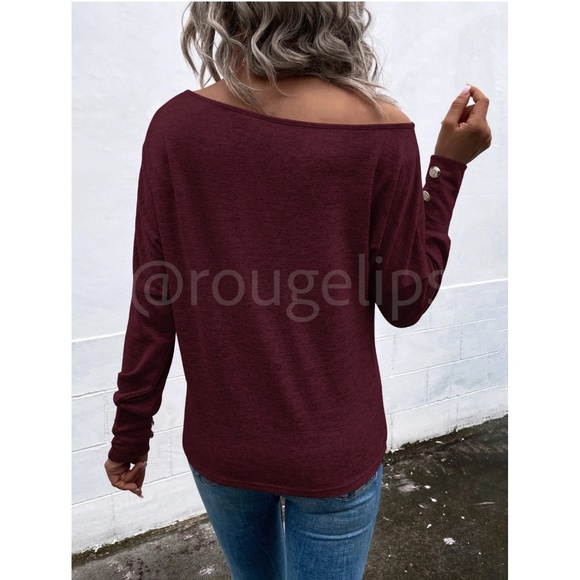 Burgundy One Cold Shoulder Asymmetric Boat Neck Long Sleeve Tee Shirt - Picture 4 of 9